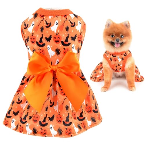 SMALLLEE_LUCKY_STORE Bowknot Hund Halloween Kleid mit Kürbis Geist Fledermaus Schädel Spinne Welpe Festliches Outfit für Kleine Hunde Katzen Mädchen Lustiges Haustier Kostüm für Urlaub Party Cosplay von smalllee_lucky_store