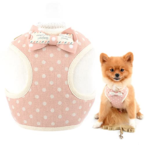 SMALLLEE_LUCKY_STORE Dots Bow Soft Puppy Harness and Leash Set for Small Medium Dogs Mesh Padded Adjustable Cat Harness Vest for Outdoor Walking,Pink,L von smalllee_lucky_store