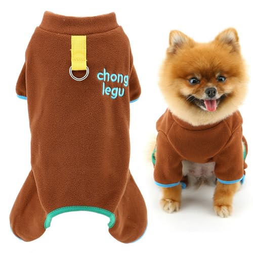 SMALLLEE_LUCKY_STORE Fleece-Hunde-Pyjama für kleine Hunde, Haustier-Pyjama mit D-Ring und Stickerei, Welpenpullover, Pyjama, Thermo-Winter-Herbst-Overall, Katze, Chihuahua, Yorkie, Braun, Größe XL von smalllee_lucky_store