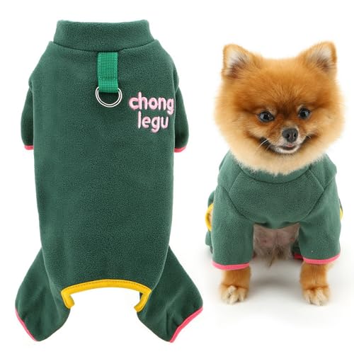 SMALLLEE_LUCKY_STORE Fleece-Hunde-Pyjama für kleine Hunde, Haustier-Pyjama mit D-Ring und Stickerei, Welpenpullover, Thermo-Winter-Herbst-Overall, Katze, Chihuahua, Yorkie, Grün, Größe XS von smalllee_lucky_store