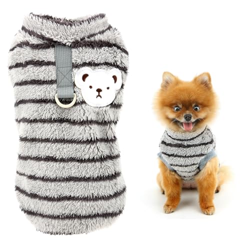 SMALLLEE_LUCKY_STORE Fleece-Hundepullover für kleine Hunde, gestreiftes Haustier-Sweatshirt mit D-Ring und Bärenaufnäher, Welpenpullover, warmer Winter-Herbst-Pullover, Chihuahua, Yorkie-Kleidung, von smalllee_lucky_store