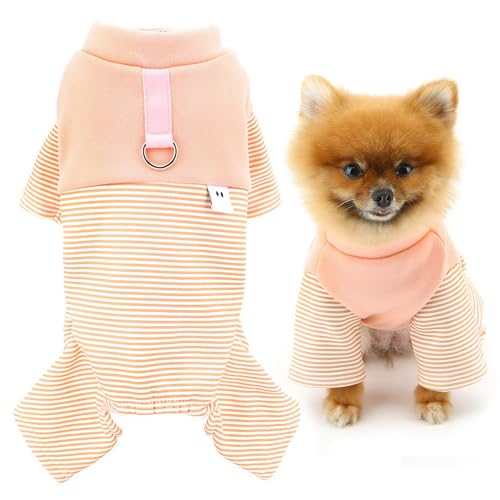 SMALLLEE_LUCKY_STORE Fleece-gefütterter Hunde-Pyjama für kleine Hunde, gestreift, Haustier-Pyjama mit D-Ring, Welpen-Schlafanzug, Thermo-Winter-Herbst-Overall, Katze, Chihuahua, Yorkie, Rosa, Größe M von smalllee_lucky_store