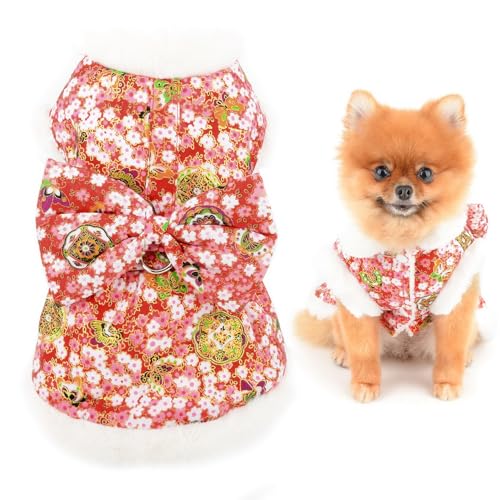 SMALLLEE_LUCKY_STORE Fleece-gefütterter Hundemantel für kleine Hunde, florales Haustierkleid mit D-Ring und Schleife, Welpenkleidung mit flauschigem Kragen, Chihuahua, Yorkie, Katzenjacke, von smalllee_lucky_store