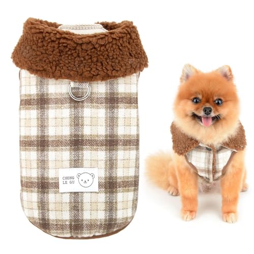 SMALLLEE_LUCKY_STORE Fleece-gefütterter Hundemantel für kleine Hunde, karierte Haustierweste mit Ring für die Leine und flauschigem Halsband, Kaltwetterjacke, Winter, Herbstpullover, Chihuahua, von smalllee_lucky_store