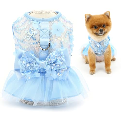 SMALLLEE_LUCKY_STORE Floral Dog Dresses for Small Dog Girls Puppy Harness Dress with D-Ring and Bow Spring Summer Lace Princess Skirt Pet Clothes Chihuahua Yorkie Cat Apparel, Blue, S von smalllee_lucky_store