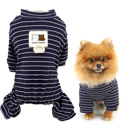 SMALLLEE_LUCKY_STORE Gestreifter Hunde-Pyjama für kleine Hunde, gestrickter Haustier-Overall mit D-Ring und Bären-Aufnäher, für Welpen, dehnbar, Sommer-Frühlingskleidung, Chihuahua, Yorkie, von smalllee_lucky_store