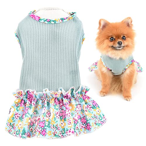 SMALLLEE_LUCKY_STORE Gestricktes florales kleines Hundekleid Katzen Sommerkleid Welpe Prinzessin Frühling Sommer Kleidung für Haustiere Urlaub Festival Outfits, Grün, L von smalllee_lucky_store