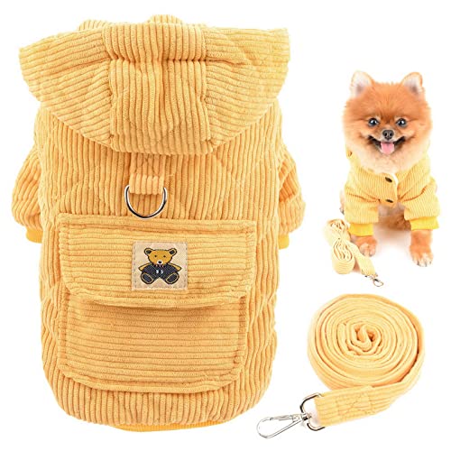 SMALLLEE_Lucky_Store Haustier-Kord-Kapuzenpullover Wintermantel, Fleece-gefütterte Jacke für kleine Hunde Katzen mit D-Ring und Leine, Welpen Chihuahua Yorkie warme Kleidung, Gelb, L von smalllee_lucky_store