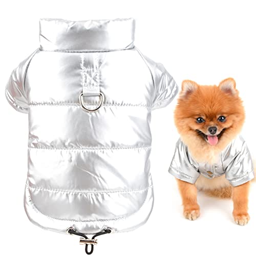 SMALLLEE_Lucky_Store Haustier-Metallic-gepolsterte Pufferjacke Winter-Schneemantel Fleece gefüttert mit D-Ring für kleine Hunde Katzen, Jungen,Chihuahua Yorkie warmes kaltes Wetter, Silber, L von smalllee_lucky_store