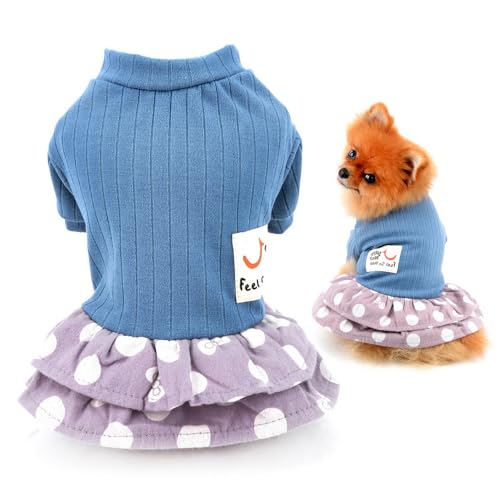 SMALLLEE_LUCKY_STORE Haustierkleidung Mädchen Welpen-Strickpullover Kleid für kleine mittelgroße Hunde und Katzen, gestufter Rock für Damen, Yorkie, Chihuahua, Blau, L von smalllee_lucky_store