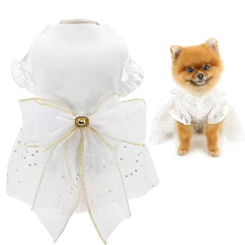 SMALLLEE_LUCKY_STORE Hund Hochzeitskleid für kleine Hunde Mädchen Satin Welpe Schleife Prinzessin Kleid mit Pailletten und Strass Luxus Haustier Braut Reinweiß Tüll Tutu Rock Geburtstag Party Kostüm, von smalllee_lucky_store