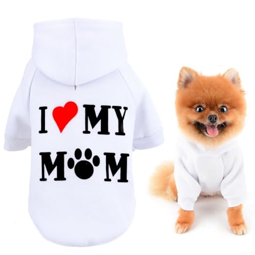 SMALLLEE_LUCKY_STORE Hunde-Kapuzenpullover für kleine Hunde, Sweatshirt mit Buchstabe I Love My Mom und Loch für die Leine, weicher Frühlings-Herbstpullover, Chihuahua, Yorkie, Katzenbekleidung, Weiß, von smalllee_lucky_store