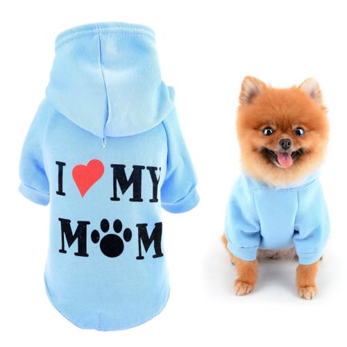 SMALLLEE_LUCKY_STORE Hunde-Kapuzenpullover für kleine Hunde, Sweatshirt mit Buchstabe I Love My Mom und Loch für die Leine, weicher Frühlings-Herbstpullover, Chihuahua, Yorkie, Katzenbekleidung, Blau, von smalllee_lucky_store