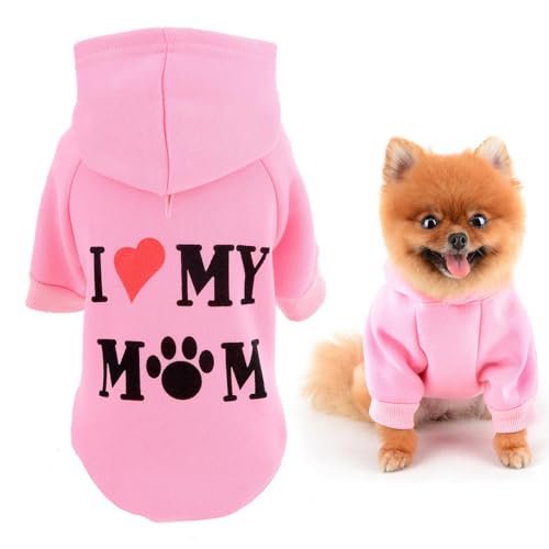 SMALLLEE_LUCKY_STORE Hunde-Kapuzenpullover für kleine Hunde, Sweatshirt mit Buchstabe I Love My Mom und Loch für die Leine, weicher Frühlings-Herbstpullover, Chihuahua, Yorkie, Katzenbekleidung, Rosa, von smalllee_lucky_store