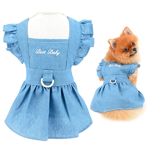 SMALLLEE_LUCKY_STORE Hunde-Denim-Geschirr, Kleid, Rüschen, Welpenprinzessinnenkleid für kleine mittelgroße Hunde Katzen, Haustier-Jeansrock mit D-Ring, weibliche Hundekleidung, hellblau, L von smalllee_lucky_store