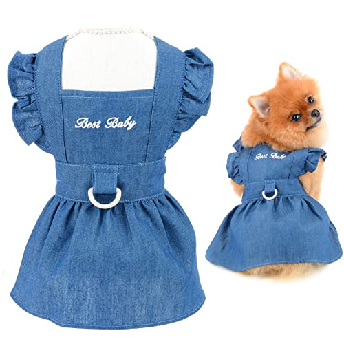 SMALLLEE_LUCKY_STORE Hunde-Denim-Geschirr, Kleid, Rüschen, Welpenprinzessinnenkleid für kleine mittelgroße Hunde Katzen, Haustier-Jeansrock mit D-Ring, weibliche Hundekleidung, dunkelblau, M von smalllee_lucky_store