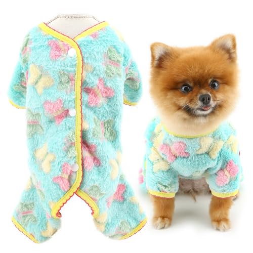 SMALLLEE_LUCKY_STORE Hunde-Pyjama aus Plüsch-Fleece für kleine Hunde mit Schmetterlingsmuster, weicher Welpen-Pyjama, warme Herbst-Winter-Outfits, Katze, Chihuahua, Yorkie, Grün, Größe S von smalllee_lucky_store