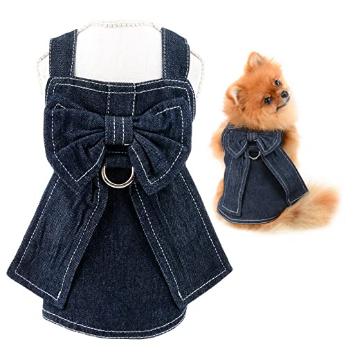 SMALLLEE_LUCKY_Store Hundegeschirr, Kleid mit Leine, Schleife, Welpen, Prinzessinnenkleid für kleine, mittelgroße Hunde, Katzen, Mädchen, Haustier-Jeansrock mit D-Ring,Hundekleidung, Dunkelblau von smalllee_lucky_store