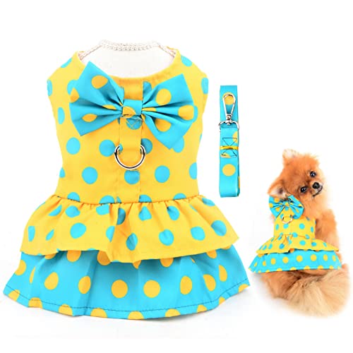 SMALLLEE_Lucky_Store Hundegeschirr-Kleid mit Leine, Schleife, Prinzessinnenkleid für kleine, mittelgroße Hunde, Katzen, Welpenkleid mit D-Ring, weibliche Sommer-Haustierbekleidung, gelbe Punkte, S von smalllee_lucky_store