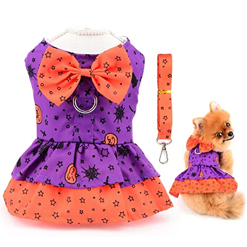 SMALLLEE_Lucky_Store Hundegeschirr-Kleid mit Leine, Schleife, Prinzessinnenkleid für kleine, mittelgroße Hunde, Katzen, Welpenkleid mit D-Ring, weibliche Sommer-Haustierbekleidung, lila Halloween, S von smalllee_lucky_store