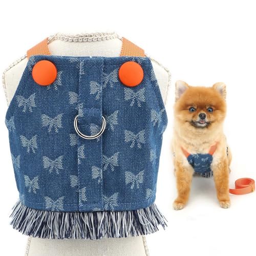 SMALLLEE_LUCKY_STORE Hundegeschirr aus Denim, Kleid und Leine, kein Ziehen, Welpengeschirr, Prinzessinnenrock mit D-Ring und Fransen, Sommerkleidung mit Schleife, Chihuahua, Yorkie, Dunkelblau, Größe von smalllee_lucky_store