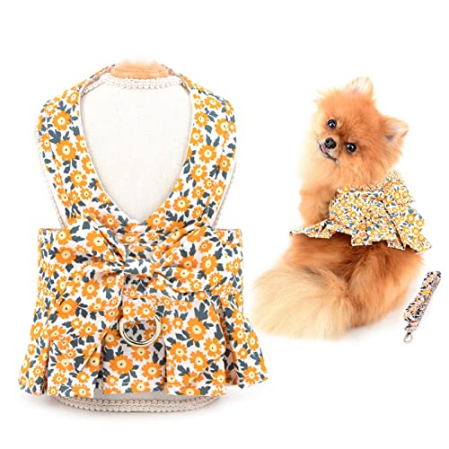 SMALLLEE_LUCKY_STORE Hundegeschirr mit Blumenmuster und Leine, Schleife, Gänseblümchen, Welpen Prinzessinnenkleid für kleine, mittelgroße Hunde, Katzen,Haustierrock mit D-Ring, Orange, XXL von smalllee_lucky_store