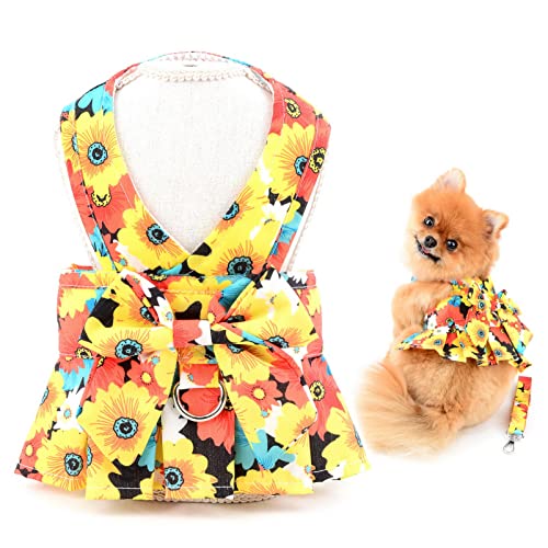 SMALLLEE_Lucky_Store Hundegeschirr mit Blumenmuster und Leine, Schleife, Welpenprinzessinnenkleid für kleine mittelgroße Hunde Katzen, Haustierrock mit D-Ring, weibliche Sommerbekleidung, Orange, XXL von smalllee_lucky_store