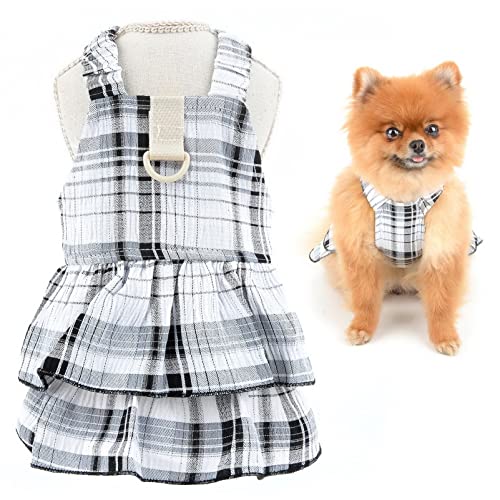 SMALLLEE_LUCKY_STORE Kariertes Hundegeschirr-Kleid, niedliches Haustierriemen-Sommerkleid für kleine mittelgroße Hunde Katzen, mit D-Ring, Welpen Yorkie Chihuahua Sommerkleidung, schwarz, S von smalllee_lucky_store