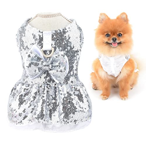 SMALLLEE_LUCKY_STORE Metallische Pailletten Hundegeschirr Kleid, niedliche Schleife Haustier Hochzeit Party Formal Kleid für kleine Hunde Katzen,mit D-Ring Welpenrock Sommerkleidung, Silber, XL von smalllee_lucky_store