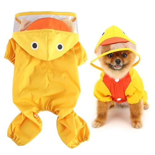 SMALLLEE_LUCKY_STORE Niedlicher Enten-Regenmantel für kleine Hunde mit Kapuze, D-Ring, Welpen, Baumwolldaunen-Regenjacke, voller Boby, 4-beiniger Overall, leichte, wasserdichte Kleidung, Gelb, XS von smalllee_lucky_store