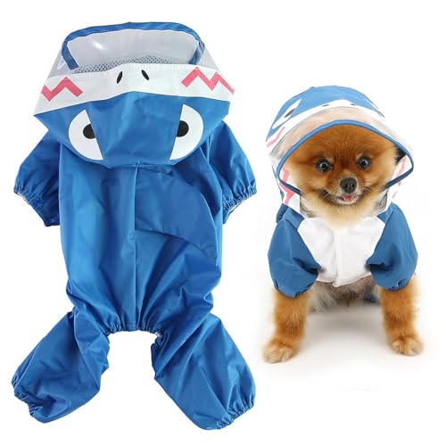 SMALLLEE_LUCKY_STORE Niedlicher Hai-Regenmantel für kleine Hunde mit Kapuze und Leine, D-Ring, Regenjacke für Welpen, 4 Beine, Overall, leicht, wasserdicht, Größe S, Blau von smalllee_lucky_store