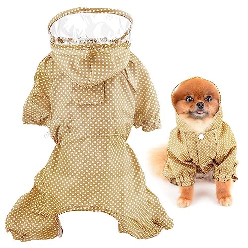 SMALLLEE_LUCKY_STORE Niedlicher gepunkteter Regenmantel für kleine Hunde mit Kapuze und Geschirr, Loch für die Leine, Welpen, Regenjacke, voller Boby, 4-beiniger Jumpsuit, wasserdicht, leichte von smalllee_lucky_store