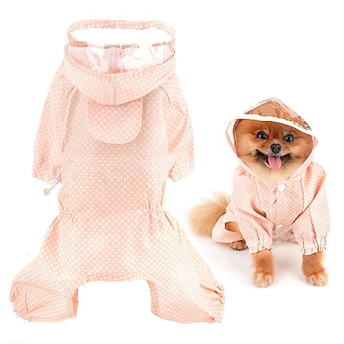 SMALLLEE_LUCKY_STORE Niedlicher gepunkteter Regenmantel für kleine Hunde mit Kapuze und Geschirr, Loch für die Leine, Welpen, Regenjacke, voller Boby, 4-beiniger Jumpsuit, wasserdicht, leichte von smalllee_lucky_store