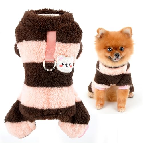 SMALLLEE_LUCKY_STORE Niedlicher gestreifter Sherpa-Fleece-Schlafanzug für kleine Hunde und Katzen mit Leinen-Ring, Welpen, Thermo-Overall, Haustierpullover, Pullover, Herbst, Winter, Yorkie, von smalllee_lucky_store