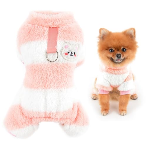 SMALLLEE_LUCKY_STORE Niedlicher gestreifter Sherpa-Fleece-Schlafanzug für kleine Hunde und Katzen mit Leinen-Ring, Welpen, vierbeinig, Thermo-Overall, Haustierpullover, Pullover, Herbst, Winter, von smalllee_lucky_store