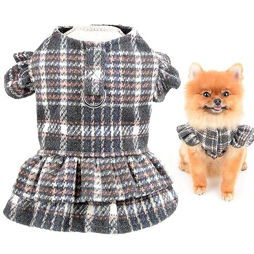 SMALLLEE_LUCKY_STORE Pet British Plaid Kleid für Mädchen, Welpen, Winter, Strickkleid für kleine Hunde und Katzen, mit Ring für die Leine, Fleece-gefüttert, weiblicher Stufenrock, Yorkie, Chihuahua, von smalllee_lucky_store