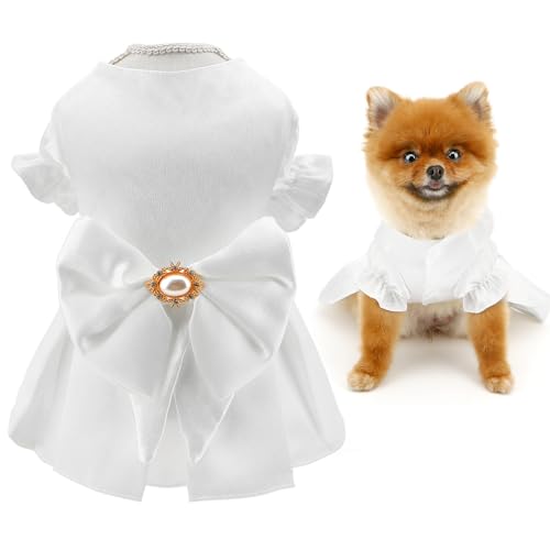 SMALLLEE_LUCKY_STORE Satin-Hochzeitskleid für kleine Hunde, eleganter Prinzessinnenrock mit Schleife und Perle, Haustierbrautkleid, reinweißes Tutu-Kleid mit Puffärmeln, luxuriöses von smalllee_lucky_store