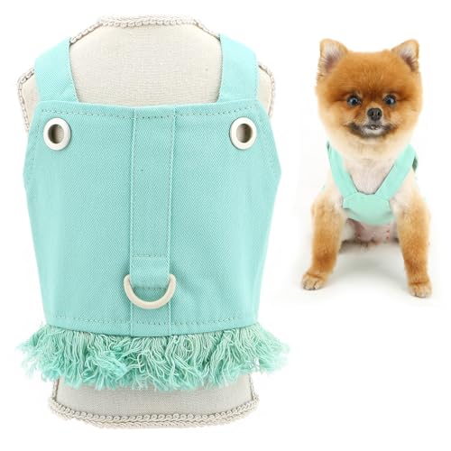 SMALLLEE_LUCKY_STORE Solid Small Denim Dog Harness Dresses No Pull Puppy Vest Harness Princess Skirt with D-Ring and Fringe Summer Clothes Pet Chihuahua Yorkie Apparel, Green, M von smalllee_lucky_store