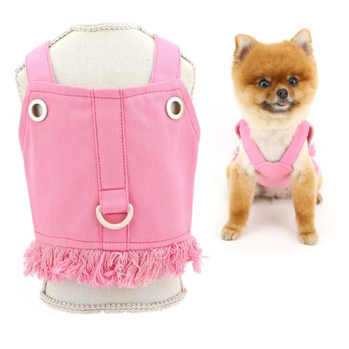 SMALLLEE_LUCKY_STORE Solid Small Denim Dog Harness Dresses No Pull Puppy Vest Harness Princess Skirt with D-Ring and Fringe Summer Clothes Pet Chihuahua Yorkie Apparel, Pink, L von smalllee_lucky_store