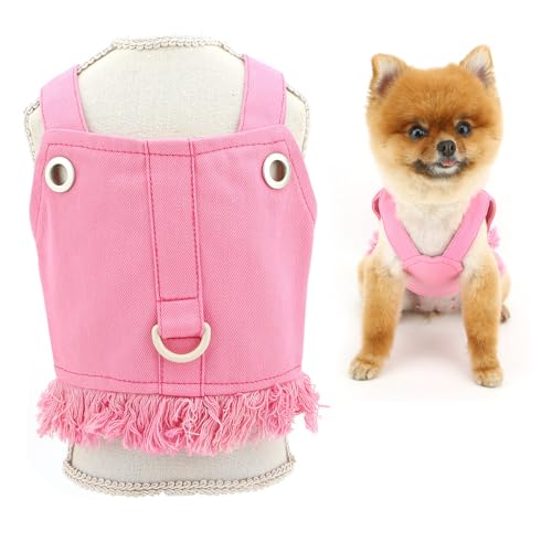 SMALLLEE_LUCKY_STORE Solid Small Denim Dog Harness Dresses No Pull Puppy Vest Harness Princess Skirt with D-Ring and Fringe Summer Clothes Pet Chihuahua Yorkie Apparel, Pink, M von smalllee_lucky_store