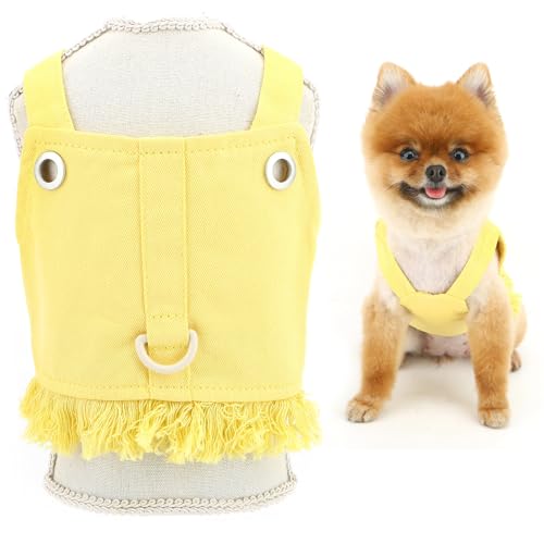 SMALLLEE_LUCKY_STORE Solid Small Denim Dog Harness Dresses No Pull Puppy Vest Harness Princess Skirt with D-Ring and Fringe Summer Clothes Pet Chihuahua Yorkie Apparel, Yellow, M von smalllee_lucky_store