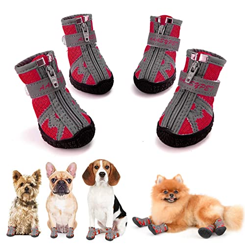 SMALLLEE_Lucky_Store Sommer-Haustier-Wanderschuhe für kleine, mittelgroße Hunde, atmungsaktiv, Mesh-Welpenstiefel für heiße Gehweg, reflektierende Riemen, rutschfeste Sohle, Pfotenschutz, rot, 4# von smalllee_lucky_store