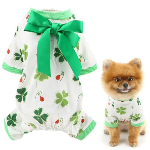 SMALLLEE_LUCKY_STORE St. Patrick's Hunde-Pyjama für extra kleine und kleine Hunde, Welpen-Pyjama, Overall mit grünem Kleeblatt, Schleife, Haustier-Einteiler mit Füßen, Chihuahua, Katze, Festival, von smalllee_lucky_store