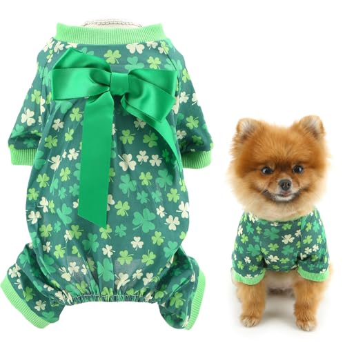 SMALLLEE_LUCKY_STORE St. Patrick's Hunde-Pyjama für extra kleine und kleine Hunde, Welpen-Pyjama, Overall mit grünem Kleeblatt, Schleife, Haustier-Einteiler mit Füßen, Chihuahua, Katze, Festival, von smalllee_lucky_store