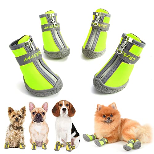 SMALLLEE_Lucky_Store wasserdichte Haustier-Schuhe für kleine mittelgroße Hunde Welpen-Stiefel für heiße Gehweg, reflektierende Riemen, rutschfeste Sohle Outdoor-Spaziergänge Pfotenschutz, grün, 2# von smalllee_lucky_store