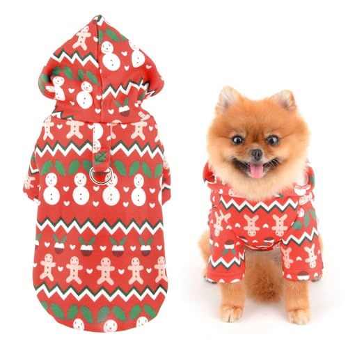 SMALLLEE_LUCKY_STORE Weihnachten Hund Hoodie für kleine Hunde, Fleece Haustier Pullover Sweater mit D-Ring Warm Winter Herbst Sweatshirt mit süßem Weihnachtsmuster Chihuahua Yorkie Katze Kostüm Rot M von smalllee_lucky_store