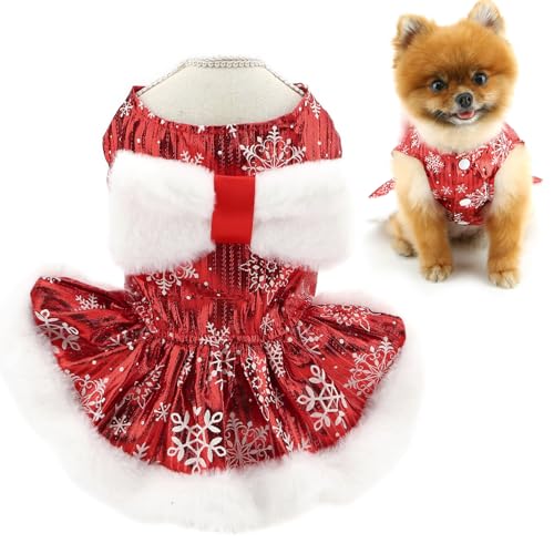 SMALLLEE_LUCKY_STORE Weihnachts-Hundekleid für kleine Hunde, mit Schneeflockenmuster, flauschige Schleife, Kunstfellbesatz, Welpen-Outfit, Herbst, Chihuahua, Yorkie, Katzenkostüm, Größe M von smalllee_lucky_store