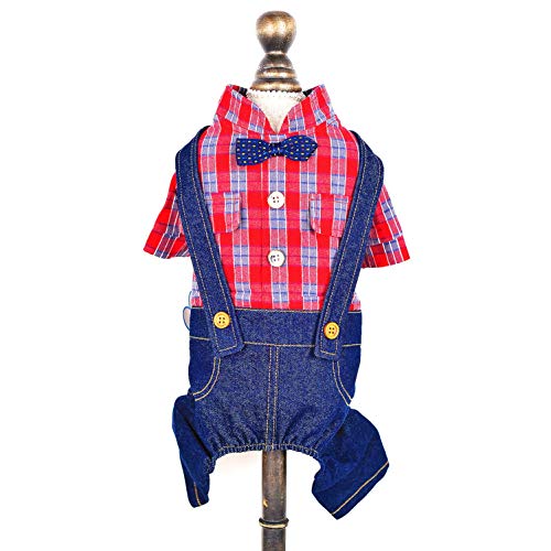 smalllee_lucky_store Jumpsuit für kleine Hunde und Katzen, Denim, mit Fliege, kariert, Rot, Größe M von smalllee_lucky_store