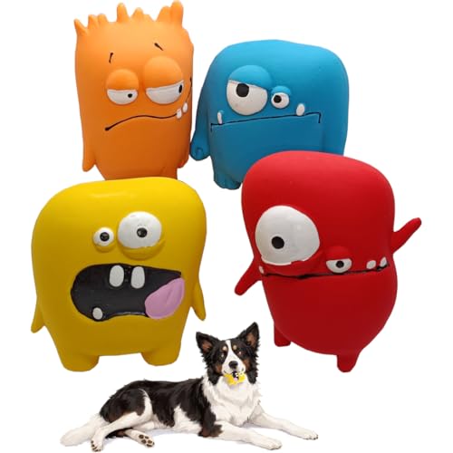 smile items Packung mit 4 Hundespielzeugen, robust, Kauspielzeug mit Geräuschen für kleine und mittelgroße Hunde, lustige und sichere Latexmonster von smile items