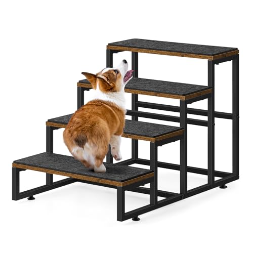 smusei Hundetreppe Katzentreppe, 4 Stufige Haustiertreppe Stabil Holz Metall Rahmen Hunderampe mit Rutschfestem Boden, Haustierleiter für Sofa, Bett, Balkon, 60x40x43cm, Braun von smusei